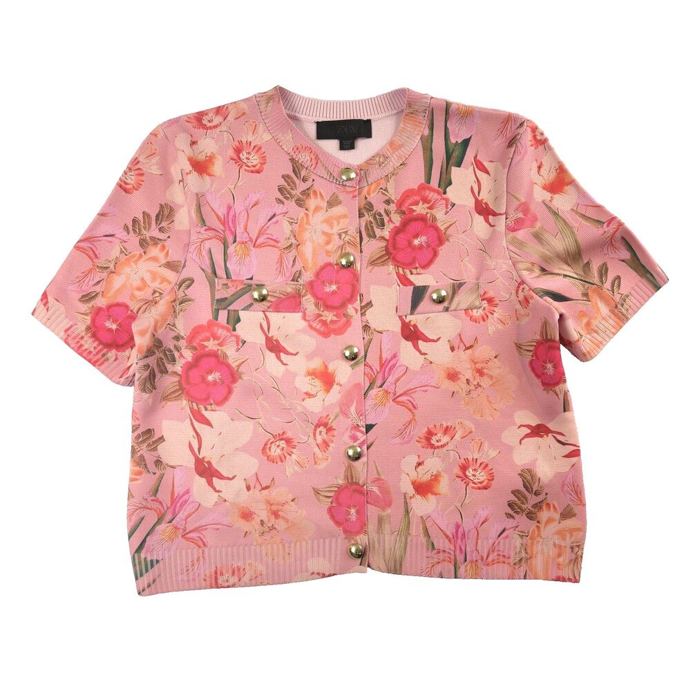 Zara Shortsleeve Pink Floral Cardigan Shirt M Old Money Fairy Coquette